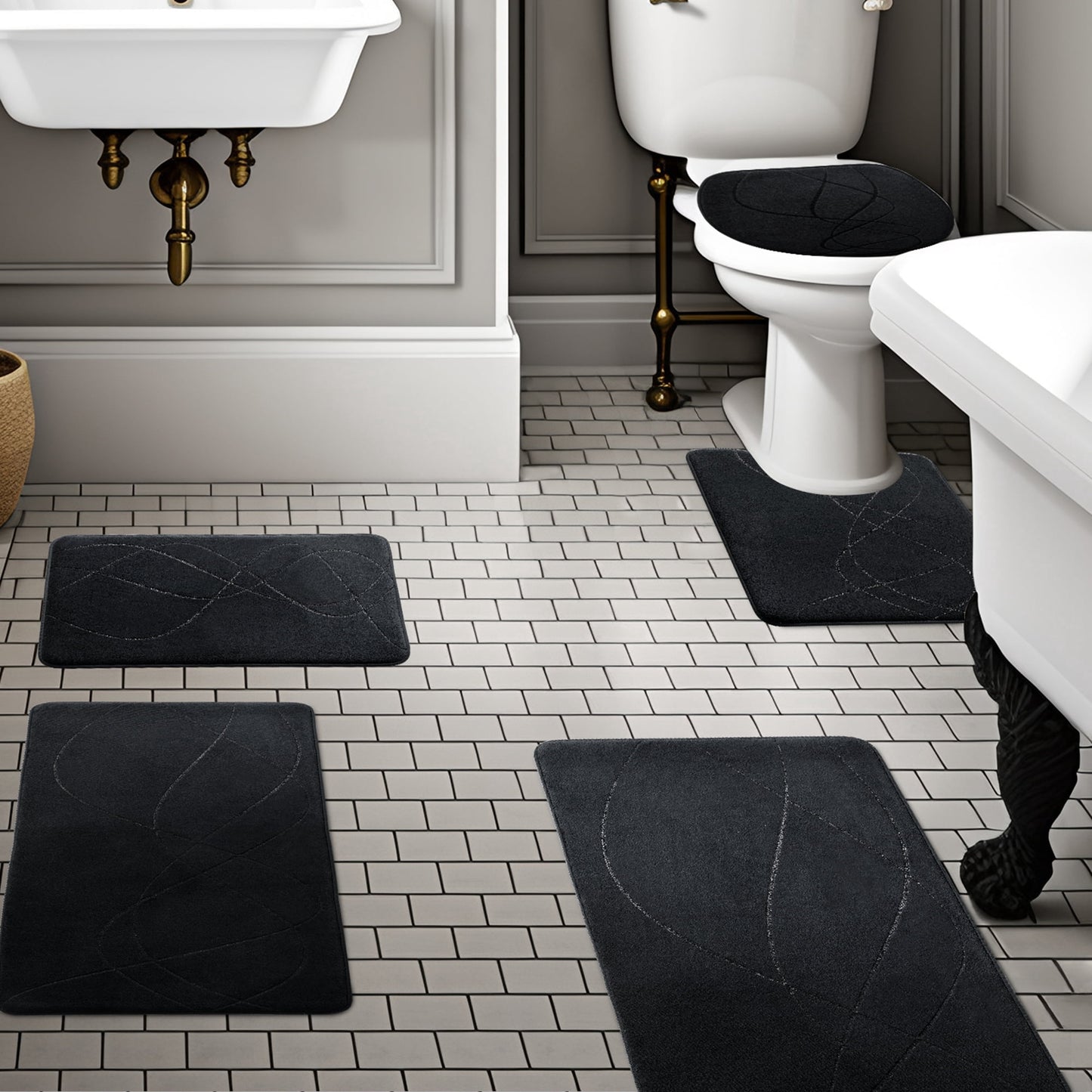 CHAKME 5 Pcs Bathroom Rugs Set Non Slip Absorbent Machine Washable Large 20inx46in & 32inx20in Long 24inx17in Small 18inx16in U Shaped 24inx20in Memory Foam Toilet Mat, Interlocking Spirals black