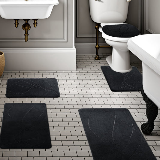 CHAKME 5 Pcs Bathroom Rugs Set Non Slip Absorbent Machine Washable Large 20inx46in & 32inx20in Long 24inx17in Small 18inx16in U Shaped 24inx20in Memory Foam Toilet Mat, Interlocking Spirals black