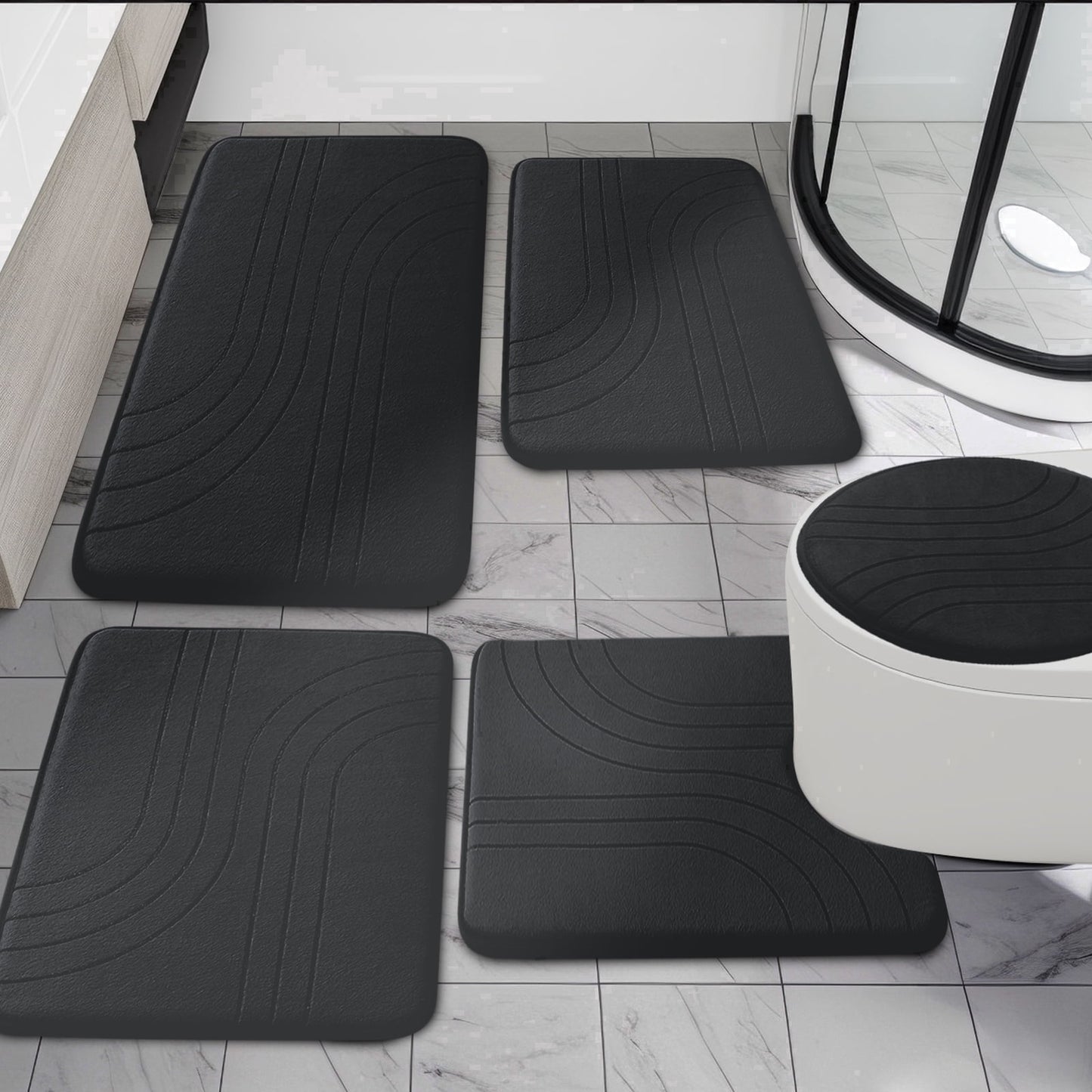 CHAKME 5 Pcs Bathroom Rugs Set Non Slip Absorbent Machine Washable Large 20inx46in & 32inx20in Long 24inx17in Small 18inx16in U Shaped 24inx20in Memory Foam Toilet Mat, Zen Garden Ripple black