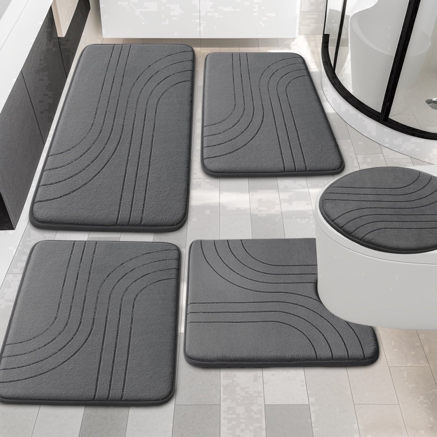 CHAKME 5 Pcs Bathroom Rugs Set Non Slip Absorbent Machine Washable Large 20inx46in & 32inx20in Long 24inx17in Small 18inx16in U Shaped 24inx20in Memory Foam Toilet Mat, Zen Garden Ripple Dark gray