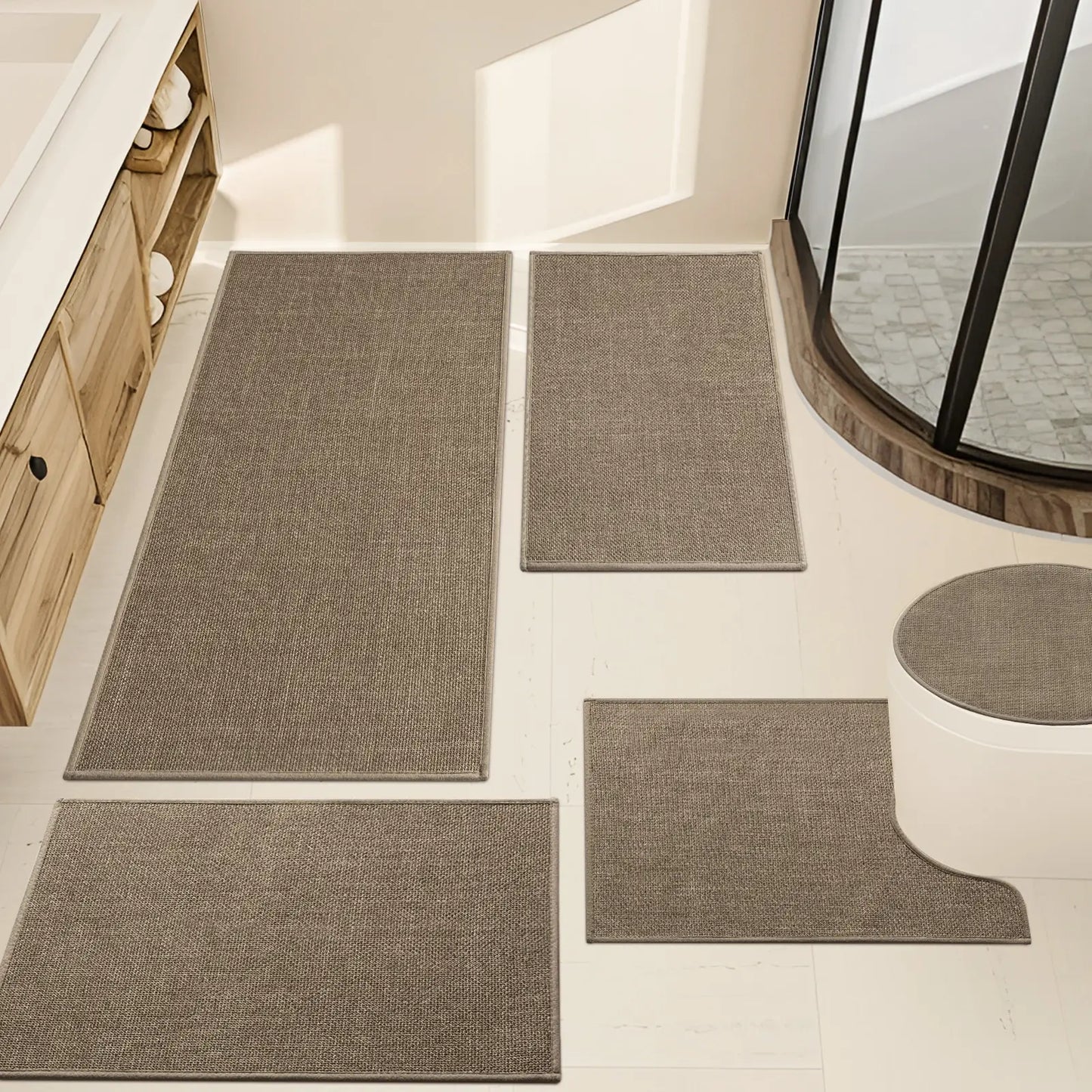 CHAKME 5 Piece Bathroom Mats Set Non Slip Washable Quick Dry Thin Absorbent Rug Rubber Backing Shower Tub Floor Sink Toilet Rugs COFFEE