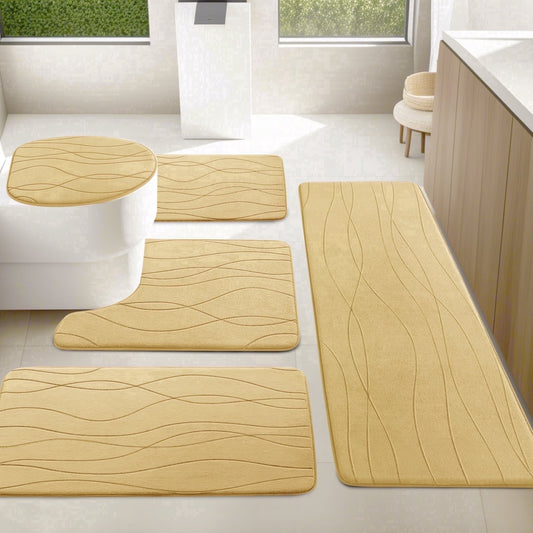 CHAKME 5 Piece Bathroom Rug Set Non Slip Ultra Absorbent Machine Washable Memory Foam Large 20inx46in & 32inx20in Long 24inx17in Small 18inx16in U Shape Contour 24inx20in Toilet Mat Ocean Ripple coffee