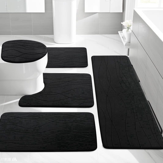 CHAKME 5 Piece Bathroom Rug Set Non Slip Ultra Absorbent Machine Washable Memory Foam Large 20''x46'' & 32''x20'' Long 24''x17'' Small 18''x16'' U Shape Contour 24''x20'' Toilet Mat Ocean Ripple black