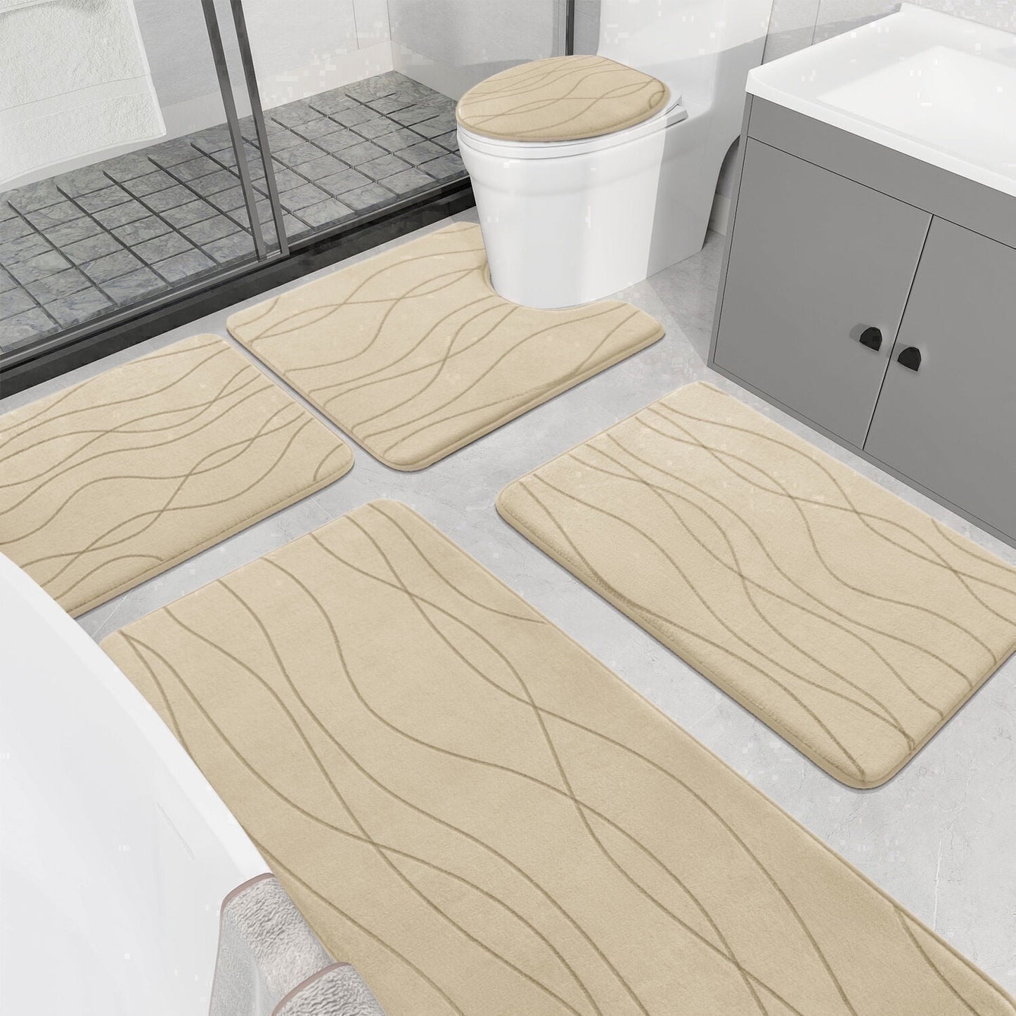 CHAKME 5 Piece Bathroom Rug Set Non Slip Ultra Absorbent Machine Washable Memory Foam Large 20inx46in & 32inx20in Long 24inx17in Small 18inx16in U Shape Contour 24inx20in Toilet Mat Ocean Ripple beige