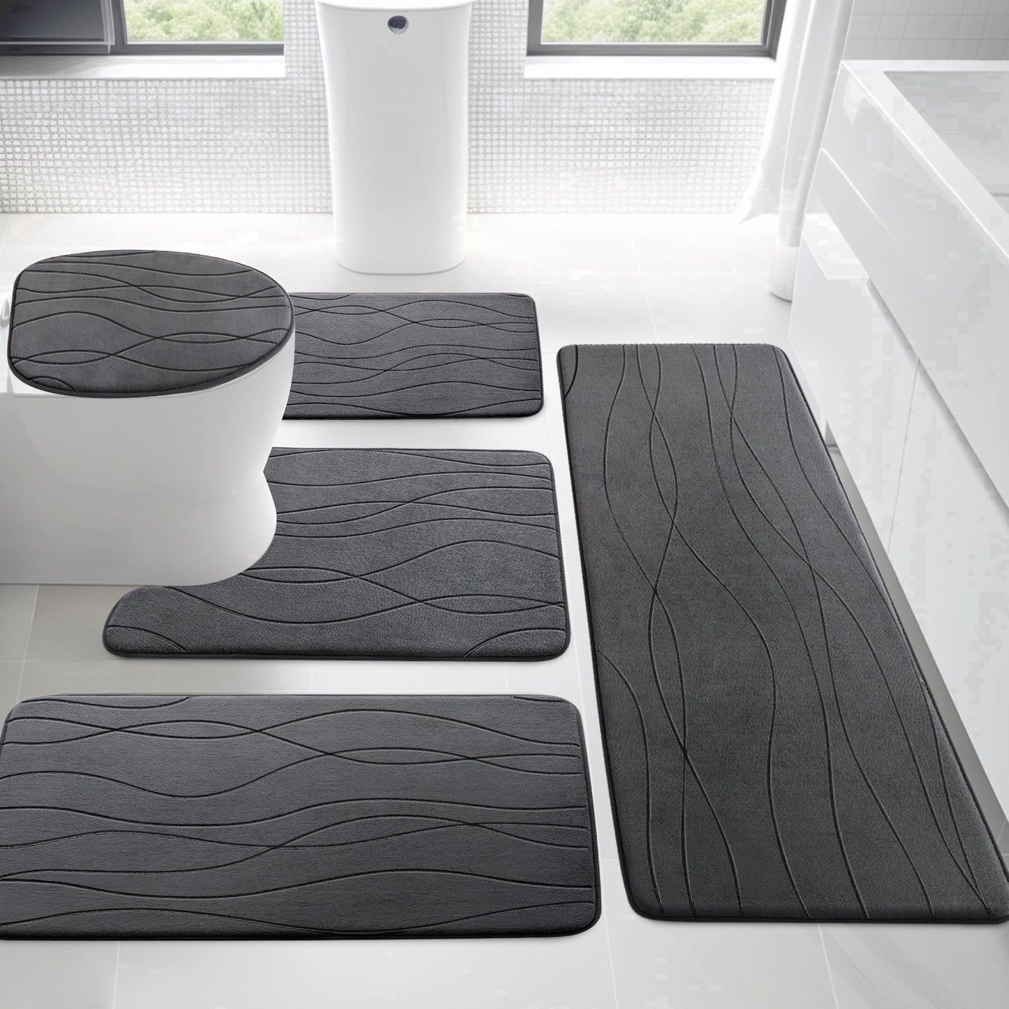 CHAKME 5 Piece Bathroom Rug Set Non Slip Ultra Absorbent Machine Washable Memory Foam Large 20inx46in & 32inx20in Long 24inx17in Small 18inx16in U Shape Contour 24inx20in Toilet Mat Ocean Ripple Dark gray
