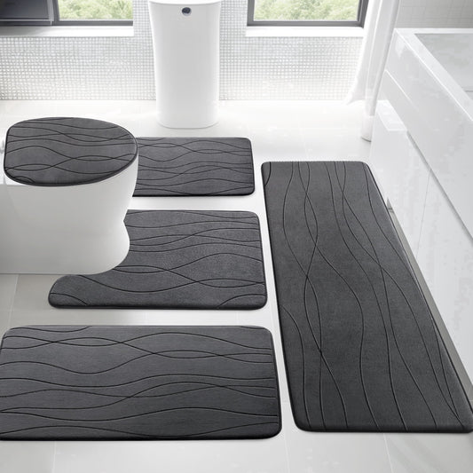 CHAKME 5 Piece Bathroom Rug Set Non Slip Ultra Absorbent Machine Washable Memory Foam Large 20inx46in & 32inx20in Long 24inx17in Small 18inx16in U Shape Contour 24inx20in Toilet Mat Ocean Ripple Dark gray