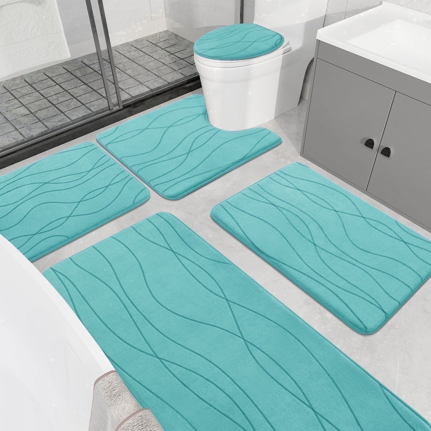 CHAKME 5 Piece Bathroom Rug Set Non Slip Ultra Absorbent Machine Washable Memory Foam Large 20inx46in & 32inx20in Long 24inx17in Small 18inx16in U Shape Contour 24inx20in Toilet Mat Ocean Ripple blue
