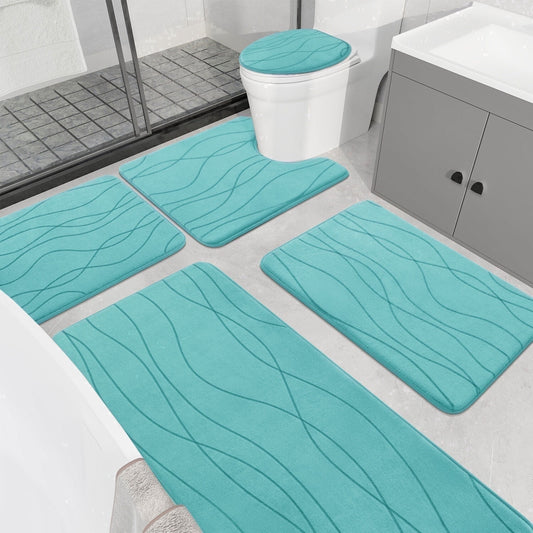 CHAKME 5 Piece Bathroom Rug Set Non Slip Ultra Absorbent Machine Washable Memory Foam Large 20inx46in & 32inx20in Long 24inx17in Small 18inx16in U Shape Contour 24inx20in Toilet Mat Ocean Ripple blue