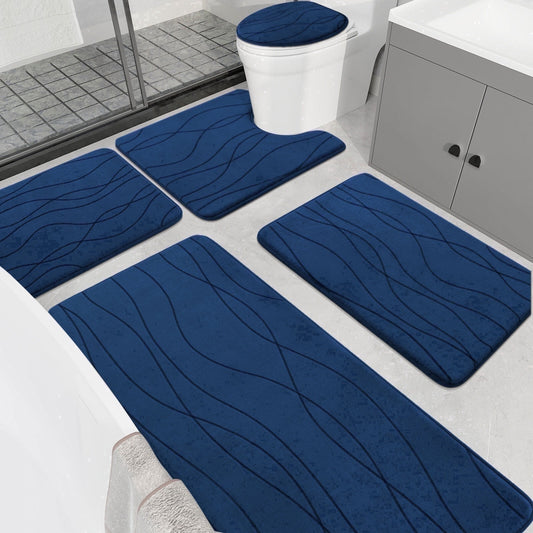 CHAKME 5 Piece Bathroom Rug Set Non Slip Ultra Absorbent Machine Washable Memory Foam Large 20inx46in & 32inx20in Long 24inx17in Small 18inx16in U Shape Contour 24inx20in Toilet Mat Ocean Ripple dark blue
