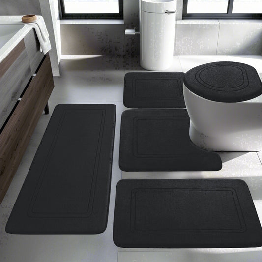 CHAKME 5 Piece Memory Foam Bath Mat Set Large 20inx46in & 32inx20in Long 24inx17in Small 18inx16in U Shaped Contour 24inx20in Non Slip Machine Washable Super Absorbent Classic Greek Key black