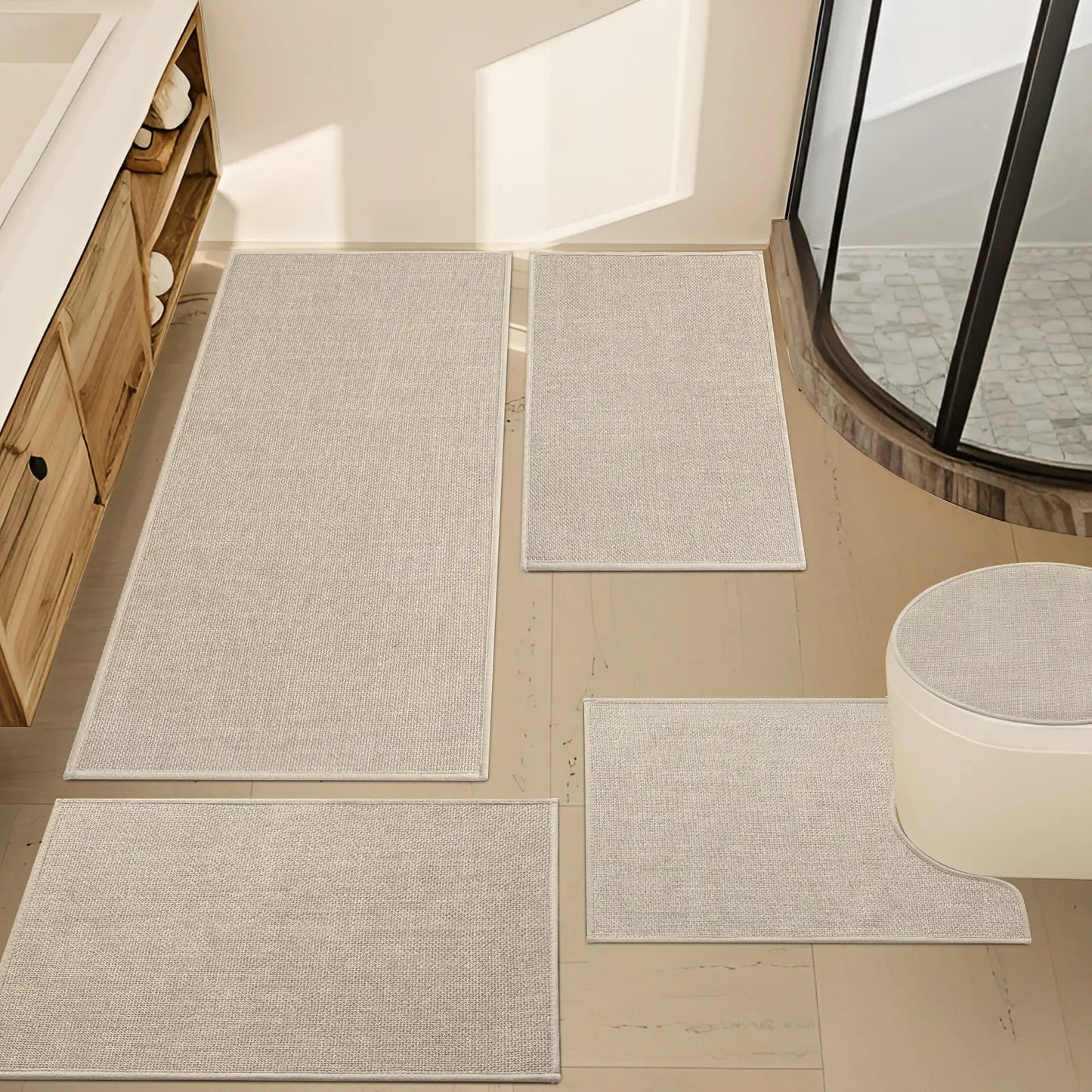 CHAKME 5 Piece Super Absorbent Bathroom Rug Set Non Slip Machine Washable Thin Quick Dry Bath Mat Rubber Backing Shower Floor Toilet Rugs BEIGE