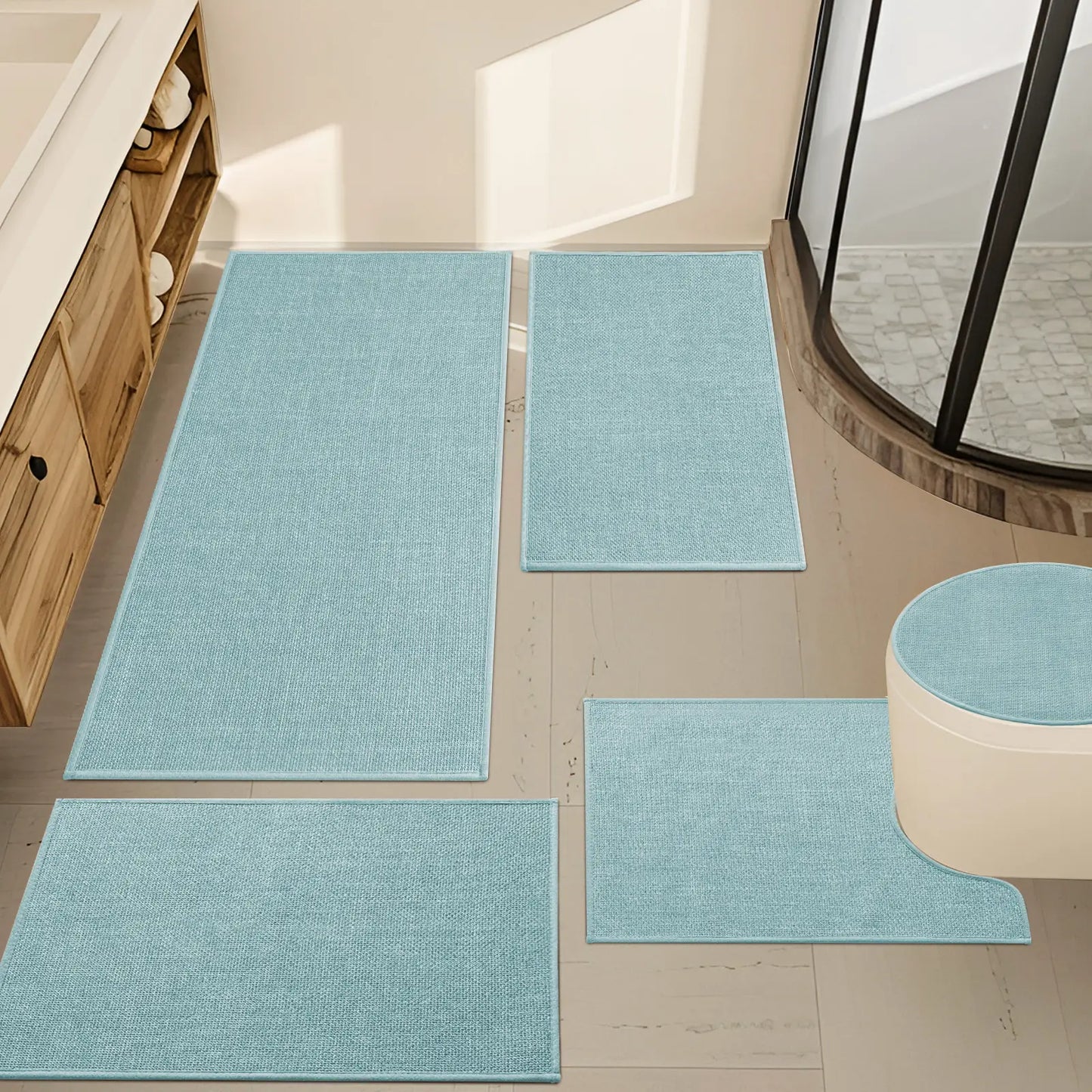 CHAKME 5 Piece Super Absorbent Bathroom Rug Set Non Slip Machine Washable Thin Quick Dry Bath Mat Rubber Backing Shower Floor Toilet Rugs BLUE