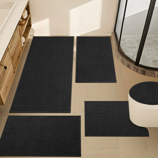 CHAKME 5 Piece Thin Bathroom Rug Set Non Slip Super Absorbent Quick Dry Machine Washable Bath Mat Rubber Backing Shower Tub Floor Toilet Rugs BLACK