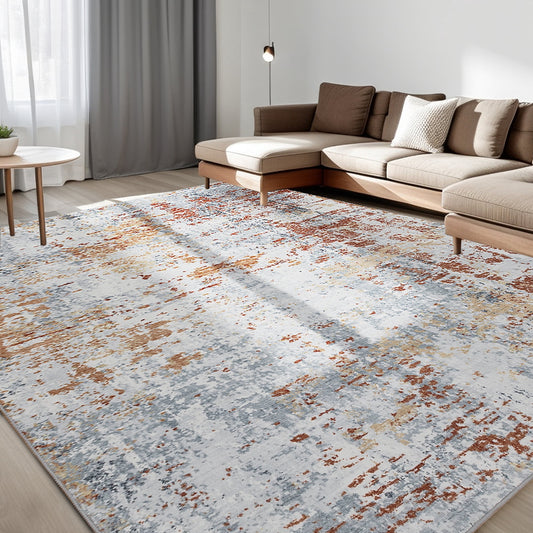 CHAKME 5'x7' Abstract Area Rugs Machine Washable Non Slip Modern Distressed Blue Grey Rust Living Room Bedroom Dining Room Office Kitchen Soft Indoor Carpet