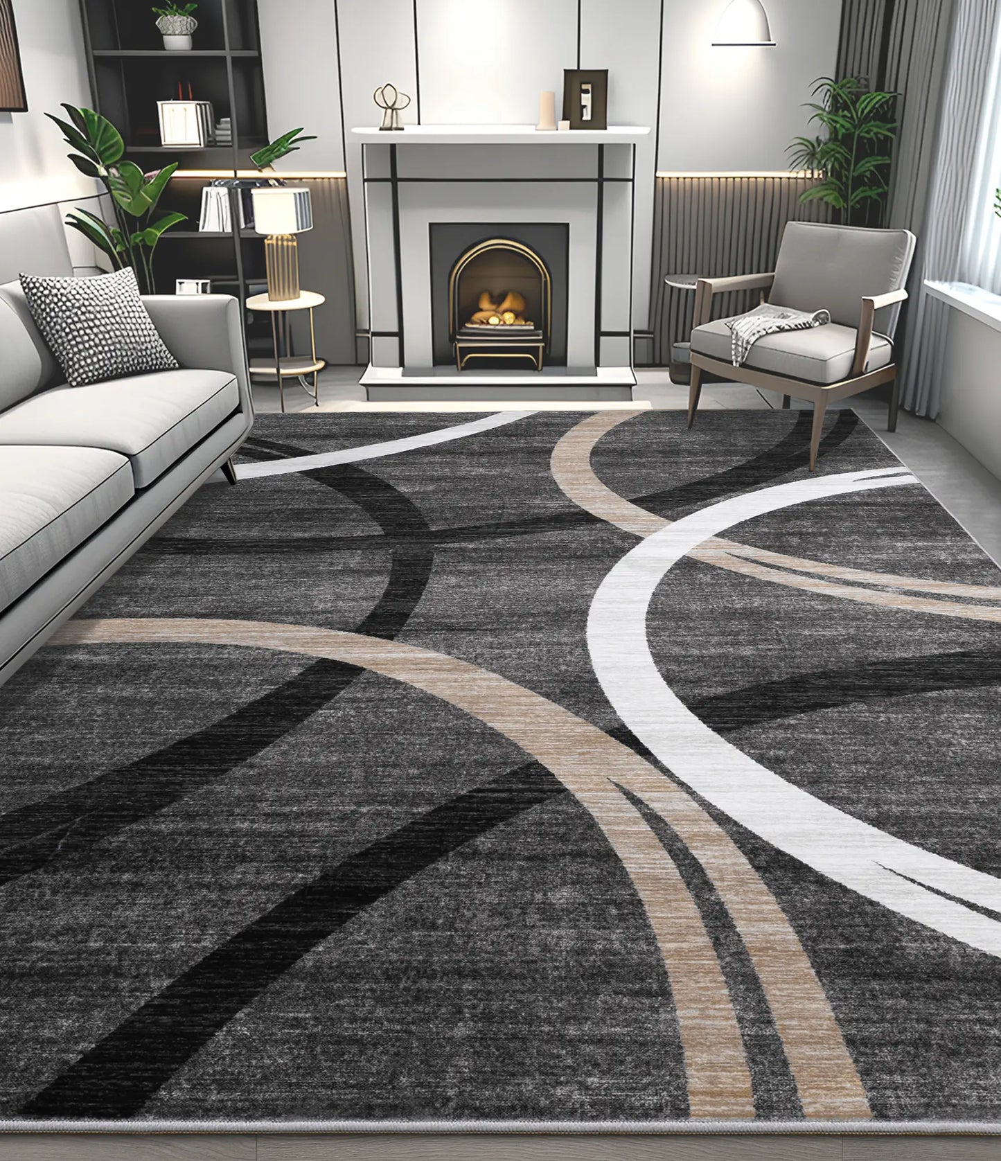 CHAKME 5'x7' Abstract Modern Area Rug Machine Washable Non Slip Black Grey White Geometric Curve Lines Carpet Low Pile Floor Living Room Bedroom Office Mat