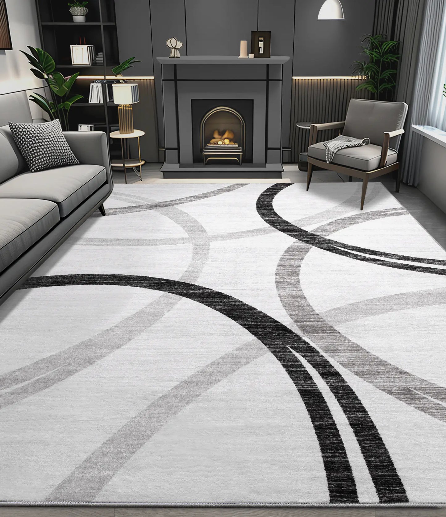CHAKME 5'x7' Abstract Modern Area Rug Machine Washable Non Slip Black Grey White Geometric Curve Lines Carpet Low Pile Floor Living Room Bedroom Office Mat