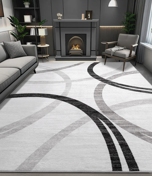 CHAKME 5'x7' Abstract Modern Area Rug Machine Washable Non Slip Black Grey White Geometric Curve Lines Carpet Low Pile Floor Living Room Bedroom Office Mat