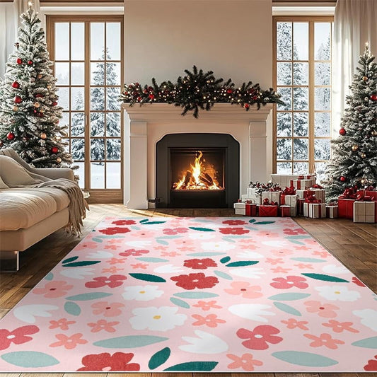 CHAKME 5'x7'Area Rugs Washable Non Slip Floral Carpets Living Room Bedroom Kitchen Office Large Rugs Cottage Farmhouse Dining Room Oriental Flower Rugs, Pink