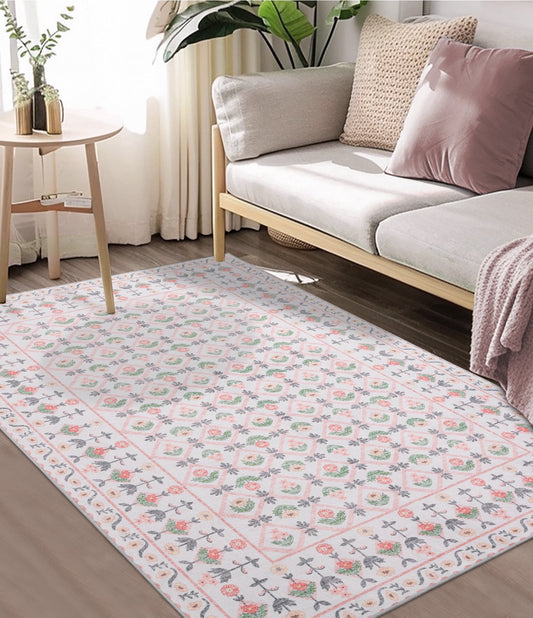 CHAKME 5'x7' Area Rugs Washable Non Slip Floral Living Room Large Vintage Green American Country Oriental Flower Rug Distressed Retro Farmhouse Soft Carpet,Pink