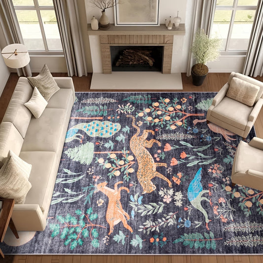CHAKME 5'x7' Jungle Safari Wild Animal Area Rug Machine Washable Non Slip Leopard Bird Botanical Plant Low Pile Floor Carpet Living Room Dining Room Bedroom