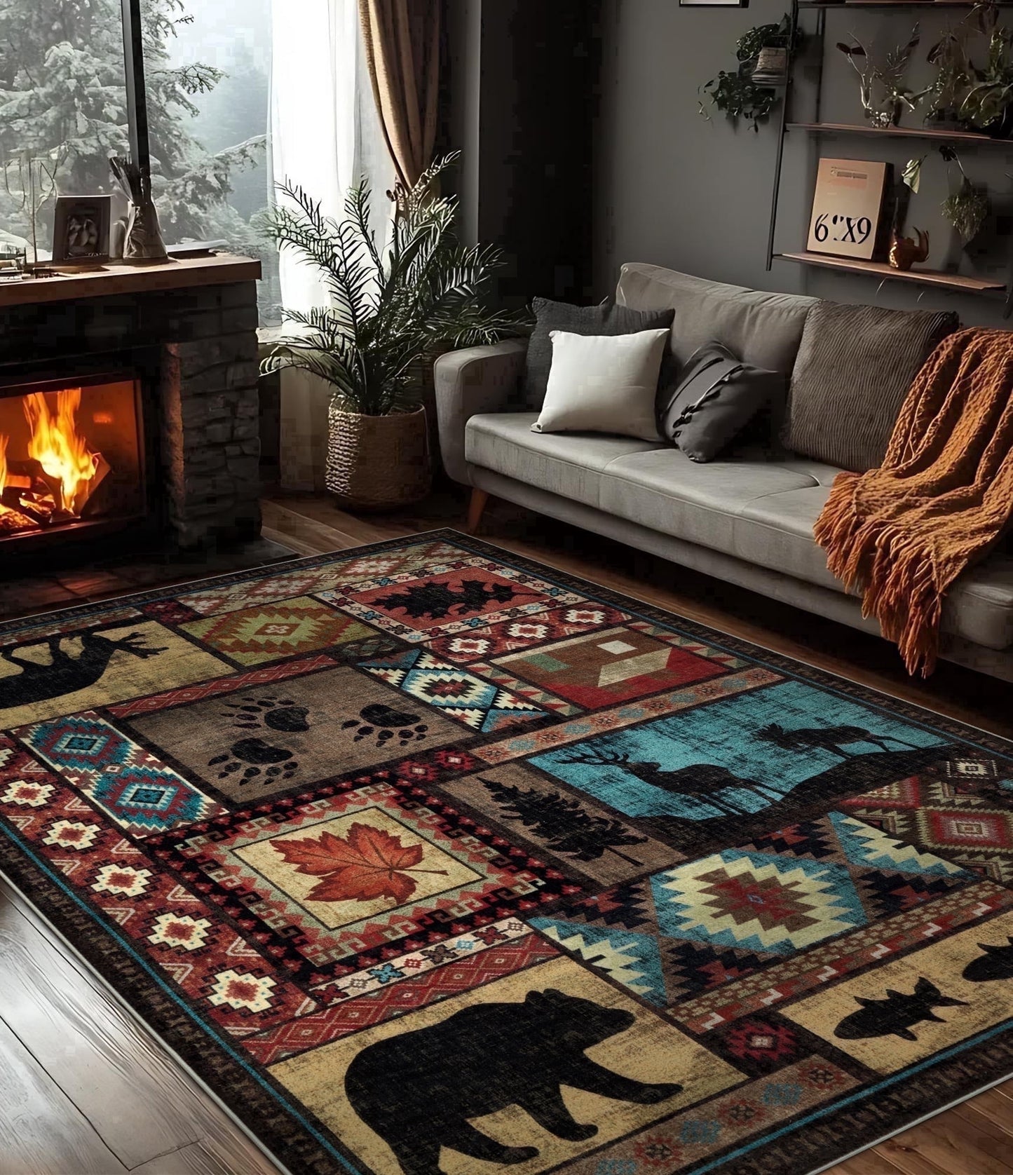 CHAKME 5'x7' Rustic Cabin Lodge Area Rug Machine Washable Non Slip Bear Deer Southwestern Pattern Low Pile Floor Mat Living Room Bedroom