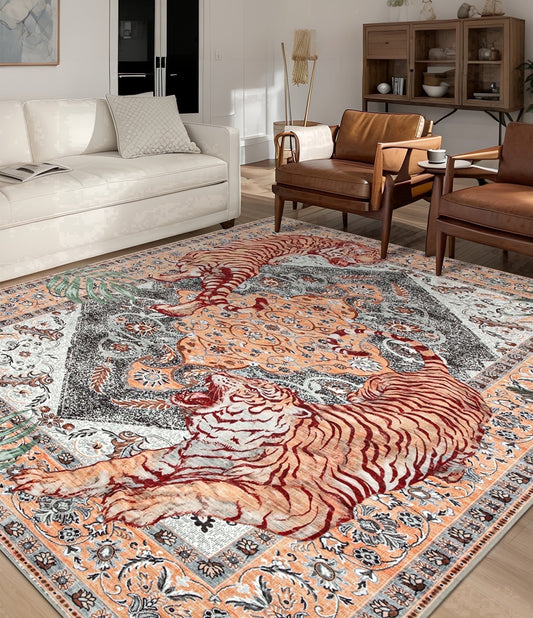 CHAKME 5'x7' Vintage Tiger Area Rugs Non Slip Machine Washable Vintage Boho Carpet Low Pile Print Bedroom Dining Room Home Office Rug,Beige
