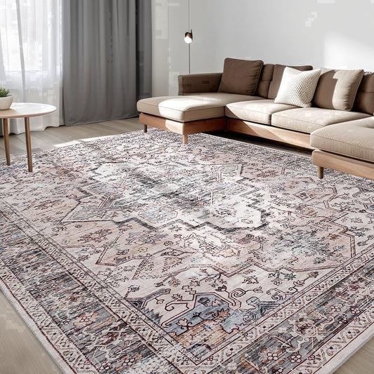 CHAKME 5'x7' Washable Area Rug Large Soft Rugs Living Room Vintage Beige Carpet Bedroom Dining Room Non-Slip Stain Resistant Under Table Rug