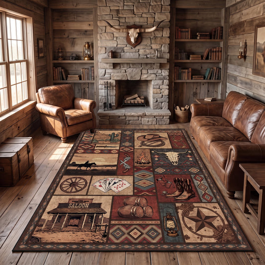 CHAKME 5'x7' Western Cowboy Area Rug Rustic Southwestern Cabin Lodge Decor Machine Washable Non-Slip Low Pile Floor Mat Vintage Cactus Bull Skull Saloon Design Carpet for Living Room Bedroom