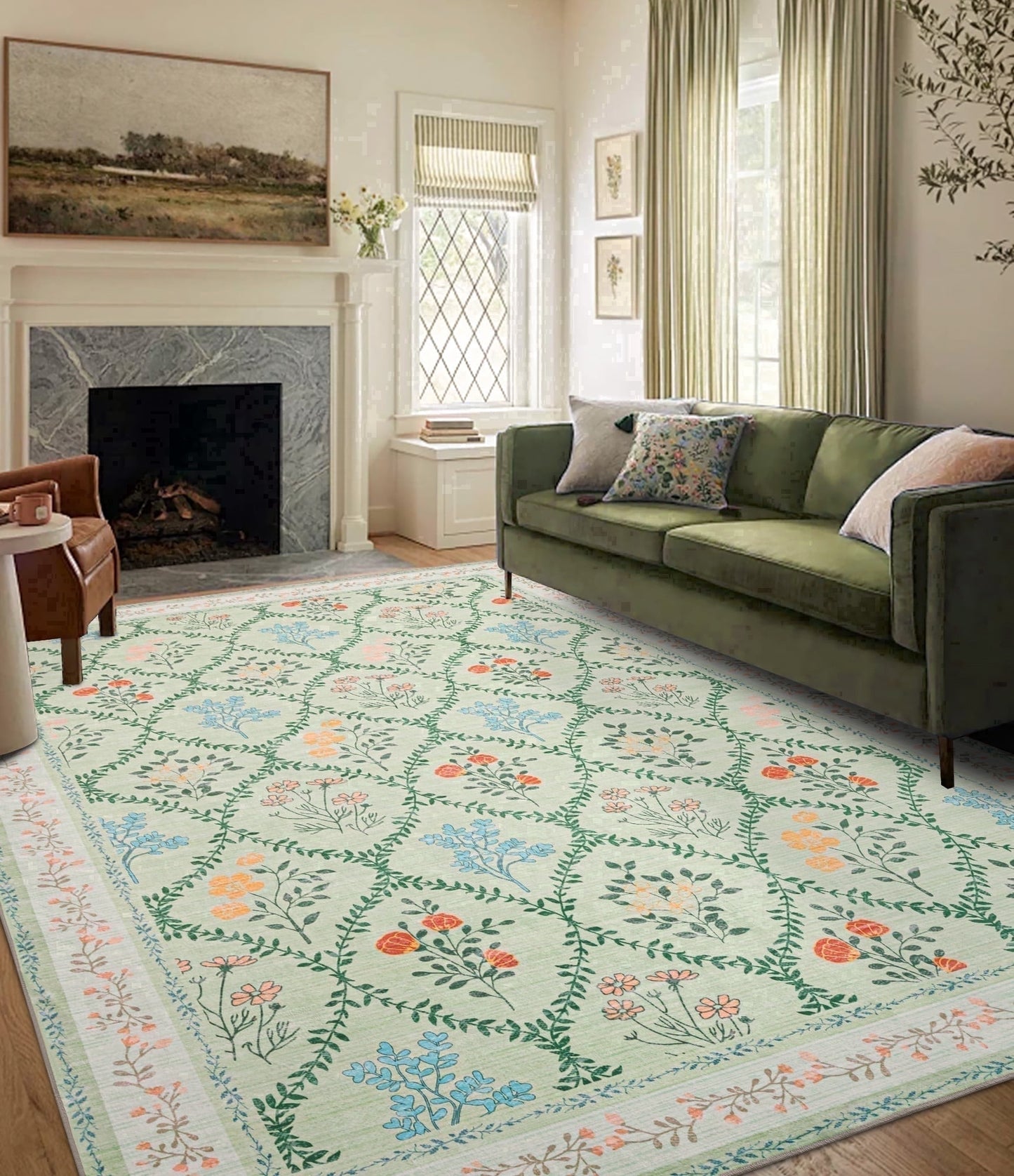 CHAKME 6'x9' Boho Floral Area Rugs Living Room Floral Cottage Washable Rug Soft Faux Wool Rug Carpet Bedroom ,GREEN