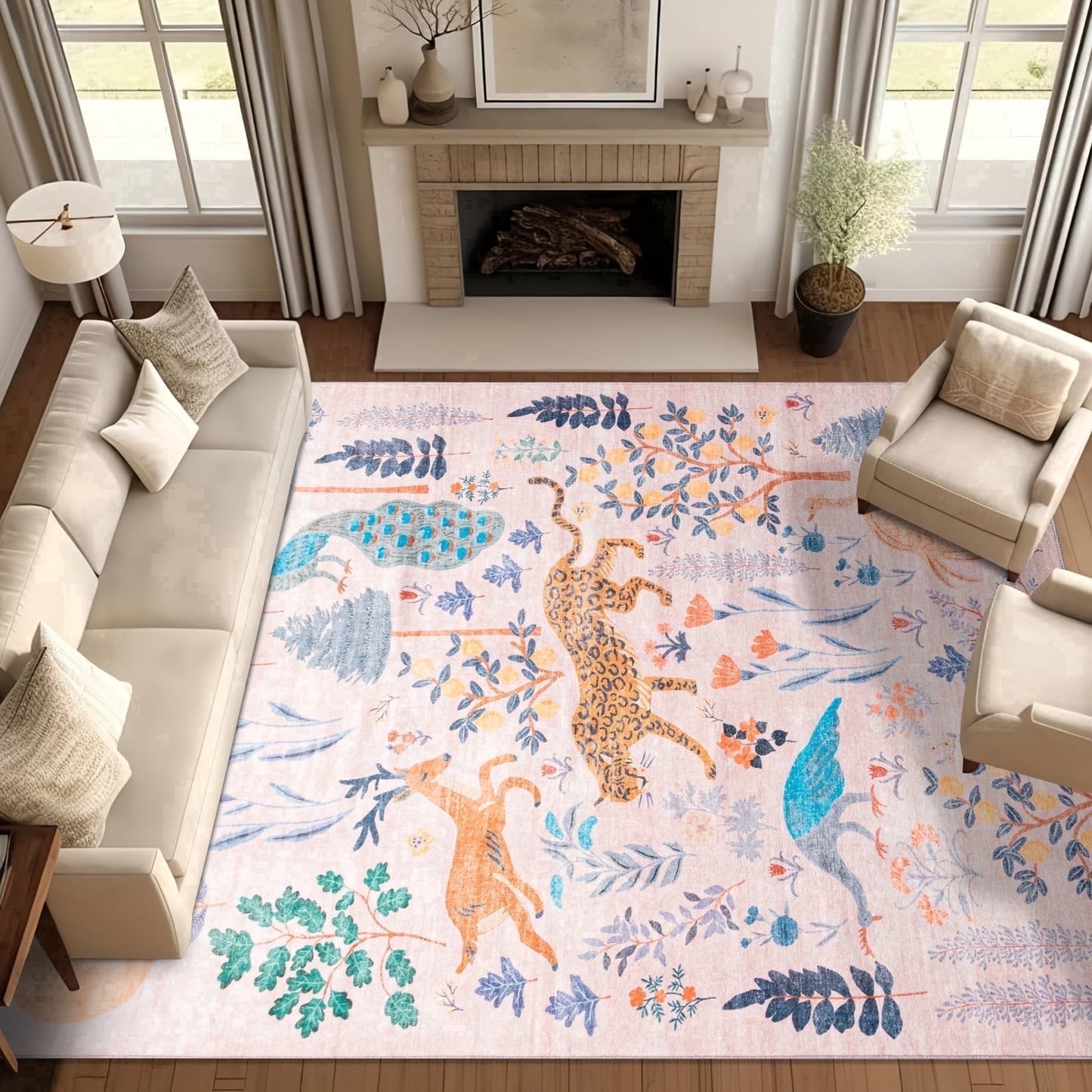 CHAKME 6'x9' Jungle Safari Wild Animal Area Rug Machine Washable Non Slip Leopard Bird Botanical Plant Low Pile Floor Carpet Living Room Dining Room Bedroom
