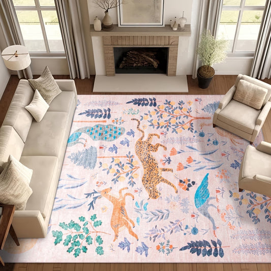 CHAKME 6'x9' Jungle Safari Wild Animal Area Rug Machine Washable Non Slip Leopard Bird Botanical Plant Low Pile Floor Carpet Living Room Dining Room Bedroom