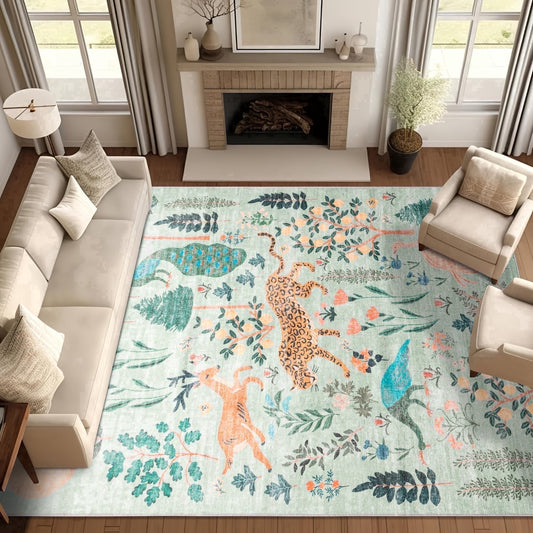 CHAKME 6'x9' Jungle Safari Wild Animal Area Rug Machine Washable Non Slip Leopard Bird Botanical Plant Low Pile Floor Carpet Living Room Dining Room Bedroom