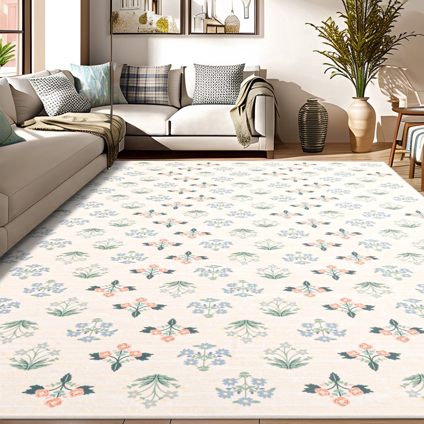 CHAKME 6'x9' Vintage Green American Country Floral Area Rug Washable Non Slip Bedroom Large Retro Distressed Flower Carpet Farmhouse Oriental Style Soft Floor Rugs