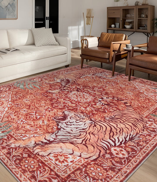 CHAKME 6'x9' Vintage Tiger Area Rugs Non Slip Machine Washable Vintage Boho Carpet Low Pile Print Bedroom Dining Room Home Office Rug,Red