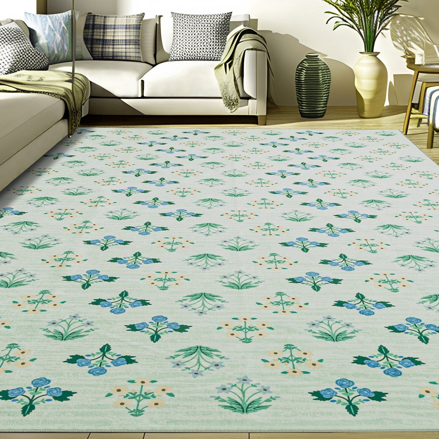 CHAKME 6'x9' Washable Non Slip Area Rug Ultra Soft Floral Carpet Living Room Large Vintage Green American Country Flower Rugs Distressed Retro Farmhouse Floor Mat, Blue Green