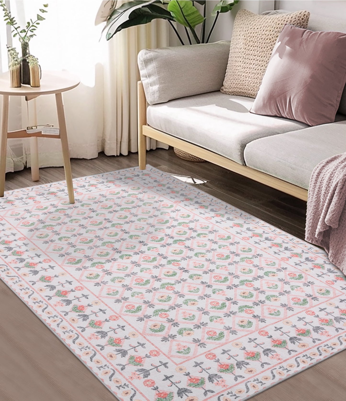 CHAKME 8'x10'Area Rugs Washable Non Slip Floral Living Room Large Vintage Green American Country Oriental Flower Rug Distressed Retro Farmhouse Soft Carpet,Pink