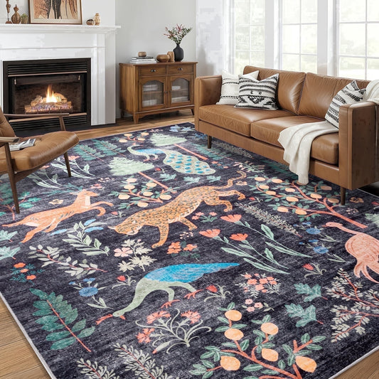 CHAKME 8'x10' Jungle Safari Wild Animal Area Rug Machine Washable Non Slip Leopard Bird Botanical Plant Low Pile Floor Carpet Living Room Dining Room Bedroom