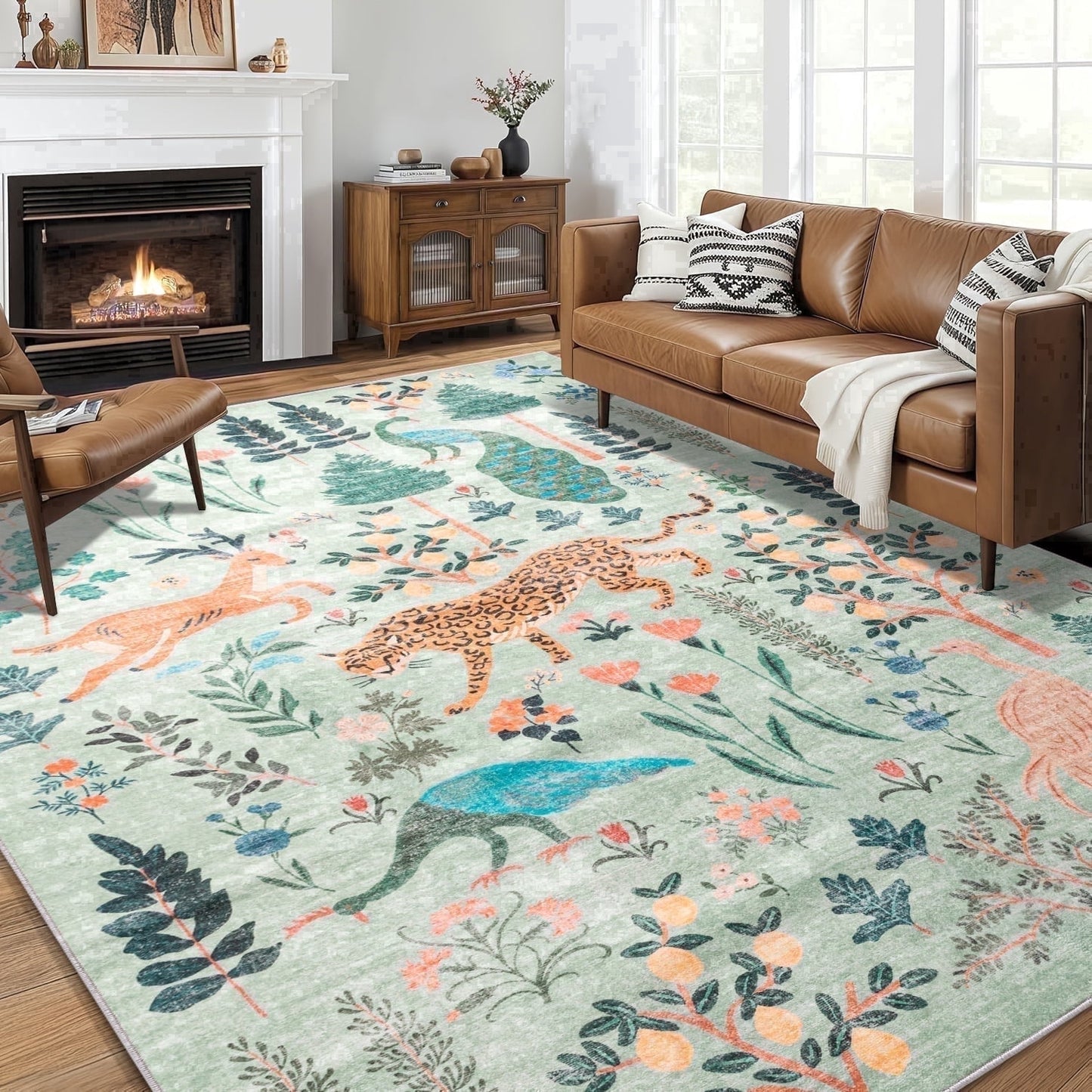 CHAKME 8'x10' Jungle Safari Wild Animal Area Rug Machine Washable Non Slip Leopard Bird Botanical Plant Low Pile Floor Carpet Living Room Dining Room Bedroom