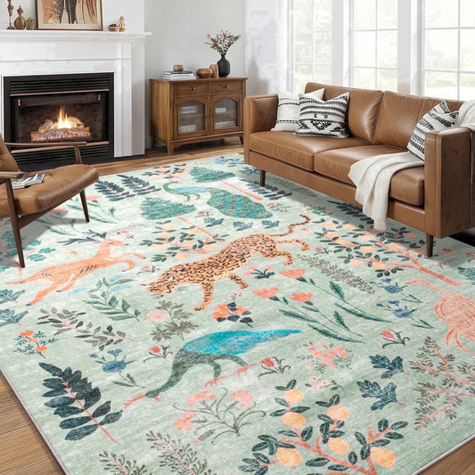 CHAKME 8'x10' Jungle Safari Wild Animal Area Rug Machine Washable Non Slip Leopard Bird Botanical Plant Low Pile Floor Carpet Living Room Dining Room Bedroom