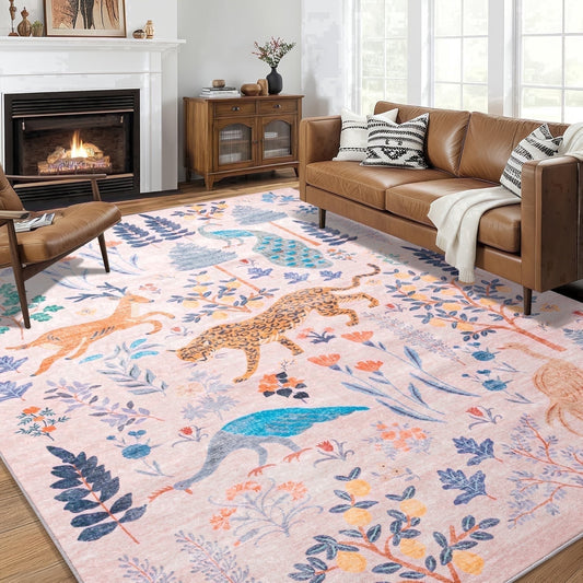CHAKME 8'x10' Jungle Safari Wild Animal Area Rug Machine Washable Non Slip Leopard Bird Botanical Plant Low Pile Floor Carpet Living Room Dining Room Bedroom
