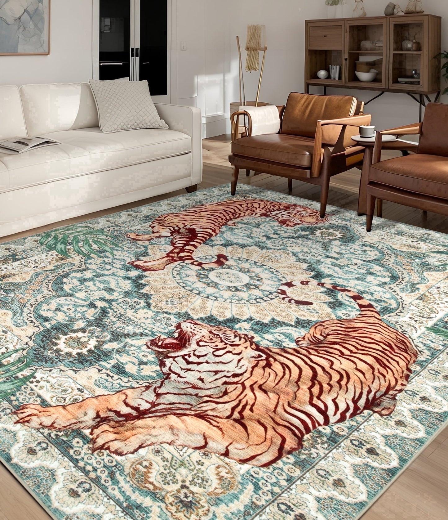 CHAKME 8'x10' Vintage Tiger Area Rug, Boho Traditional Washable Rug Living Room Bedroom Dining Sunroom Distressed Botanical Floral Accent Carpet, Green