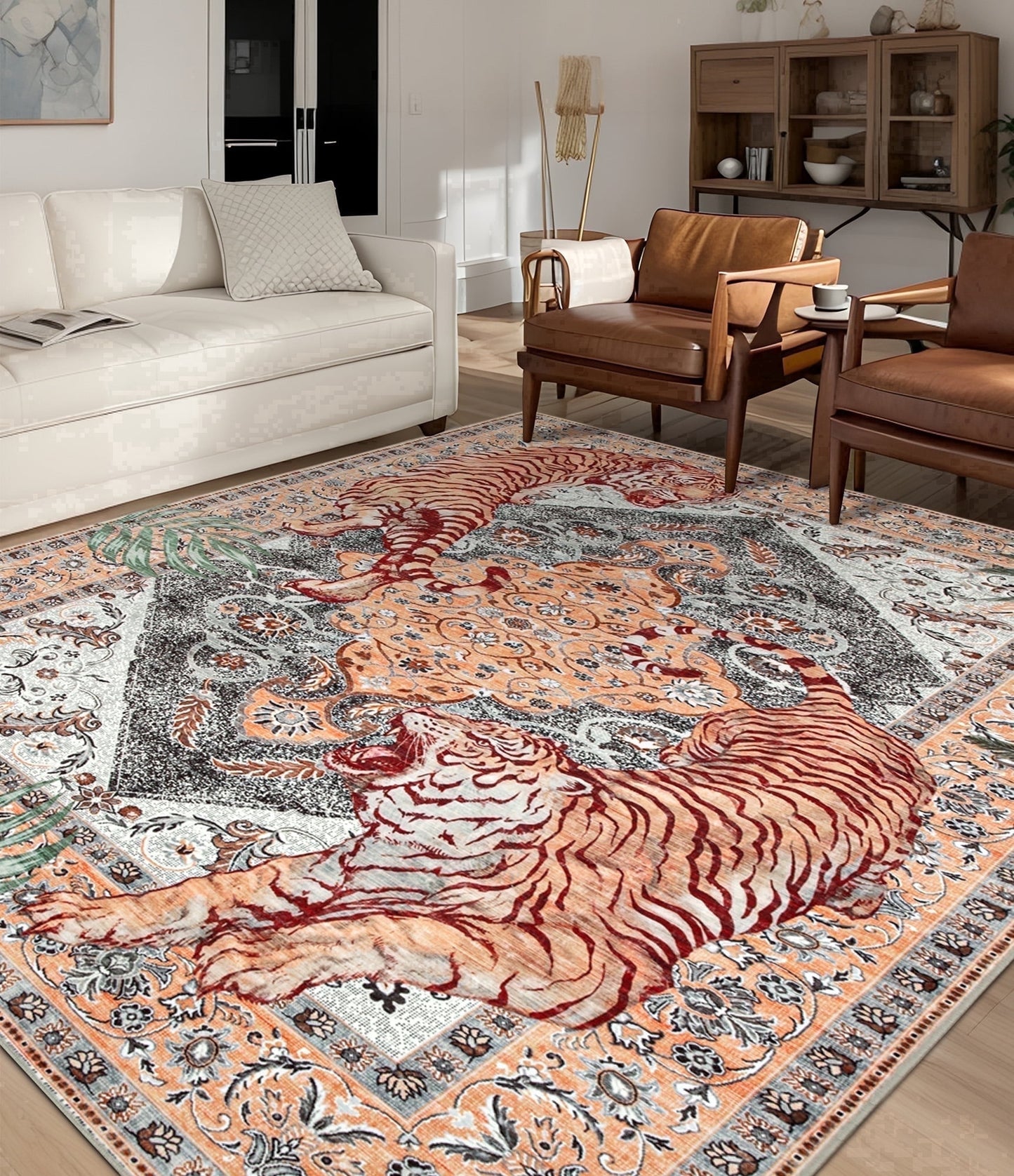 CHAKME 8'x10' Vintage Tiger Area Rugs Non Slip Machine Washable Vintage Boho Carpet Low Pile Print Bedroom Dining Room Home Office Rug,Beige