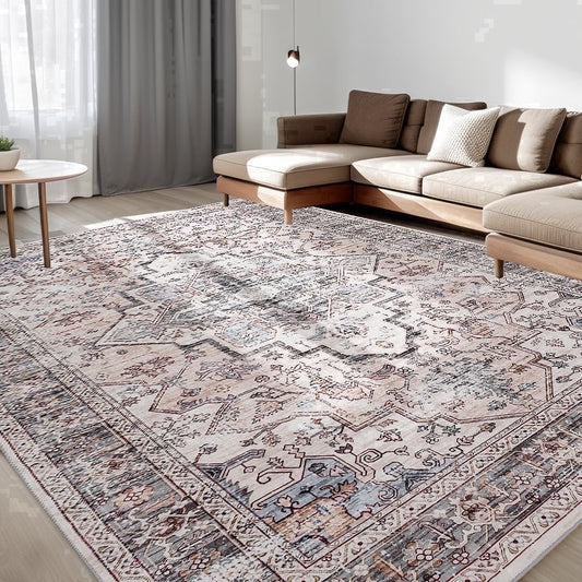 CHAKME 8'x10' Washable Area Rug Large Soft Rugs Living Room Vintage Beige Carpet Bedroom Dining Room Non-Slip Stain Resistant Under Table Rug