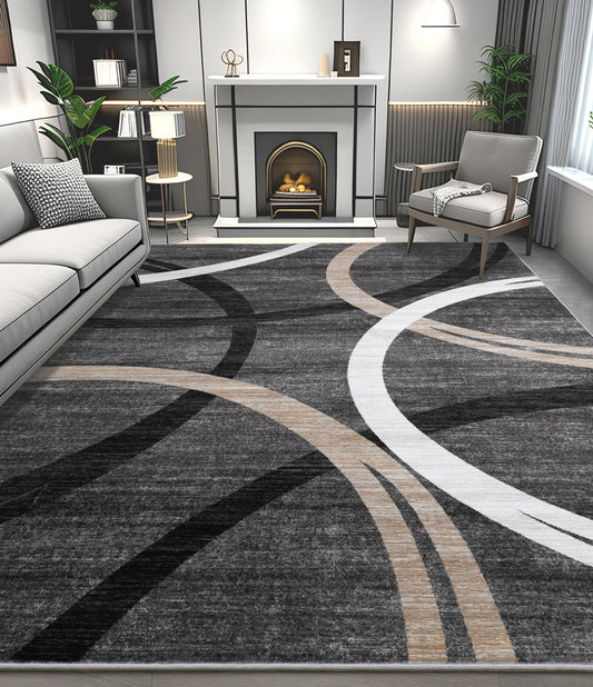 CHAKME 9'x12' Abstract Modern Area Rug Machine Washable Non Slip Black Grey White Geometric Curve Lines Carpet Low Pile Floor Living Room Bedroom Office Mat