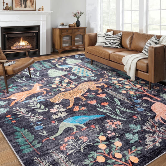 CHAKME 9'x12' Jungle Safari Wild Animal Area Rug Machine Washable Non Slip Leopard Bird Botanical Plant Low Pile Floor Carpet Living Room Dining Room Bedroom