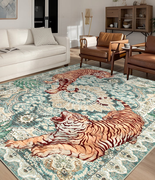 CHAKME 9'x12' Vintage Tiger Area Rug, Boho Traditional Washable Rug Living Room Bedroom Dining Sunroom Distressed Botanical Floral Accent Carpet, Green