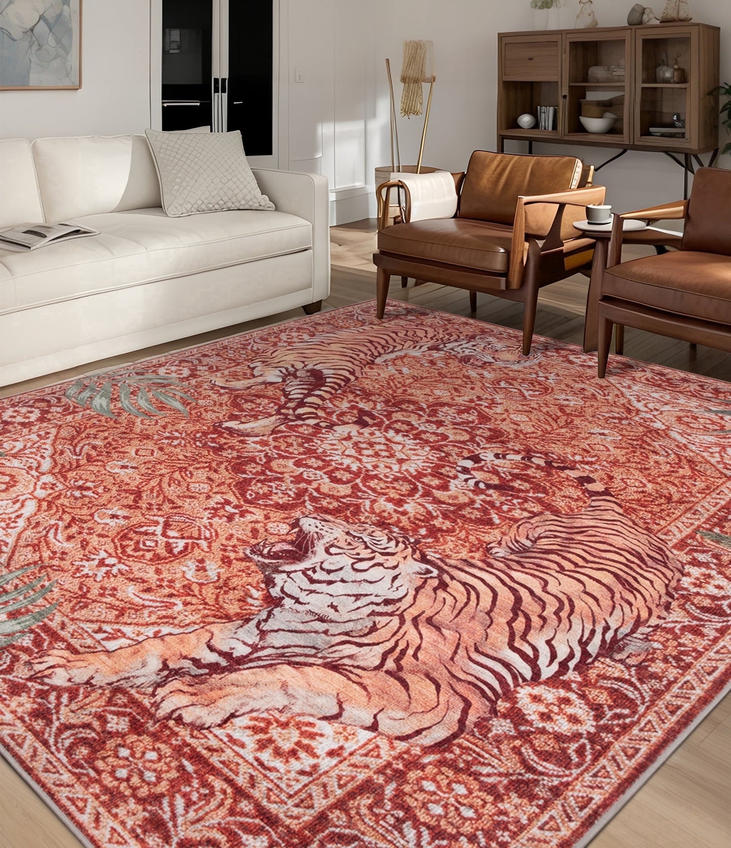 CHAKME 9'x12' Vintage Tiger Area Rugs Non Slip Machine Washable Vintage Boho Carpet Low Pile Print Bedroom Dining Room Home Office Rug,Red