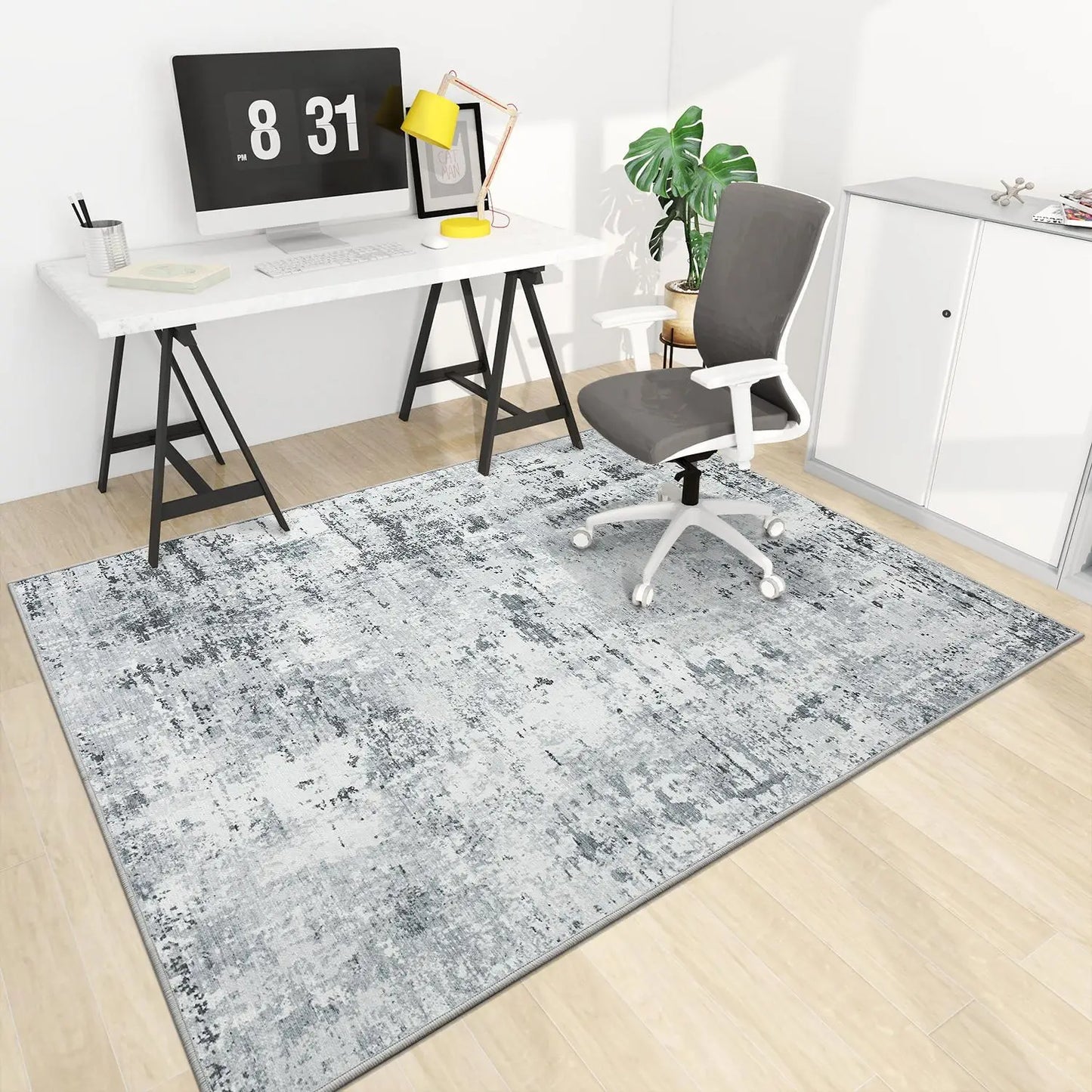 CHAKME Abstract Office Chair Mat 3'x4' Non Slip Washable Easy Glide Carpet Protector Hardwood Floor Modern Grey White Distressed Desk Chair Rug