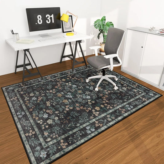 CHAKME Dark Floral Office Chair Mat 3'x4' Non Slip Washable Easy Glide Carpet Protector Hardwood Floor Vintage Botanical Flower Desk Chair Rug