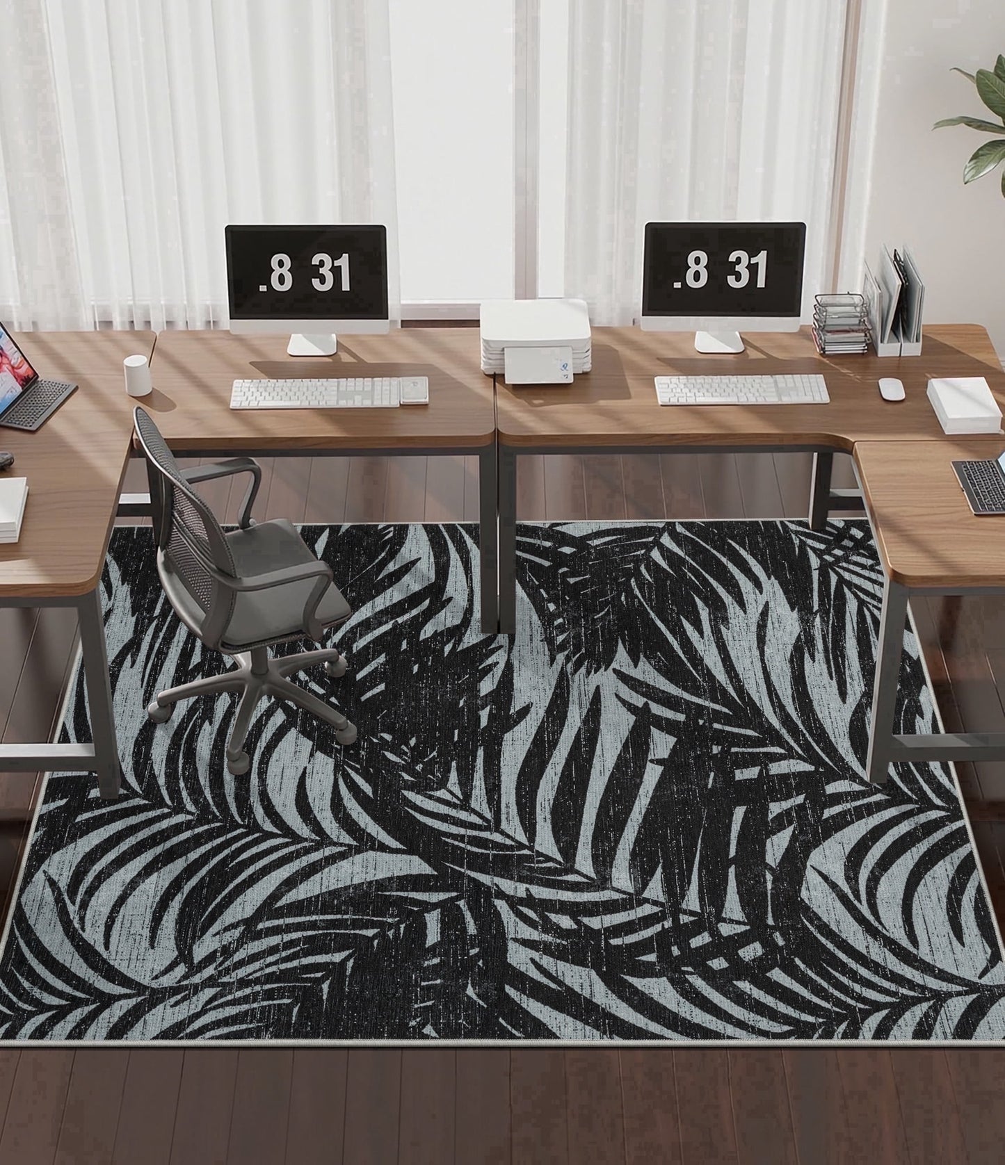 CHAKME Hardwood Floor Office Chair Mat, Non Slip Washable Floor Protector Desk Chair, 48in x 72in, Black White Tropical Leaf
